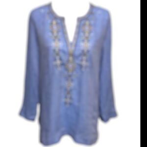 Lilly Pulitzer Amelia Island Tunic S Bennet Blue Linen Embroidered Top NWT Resor